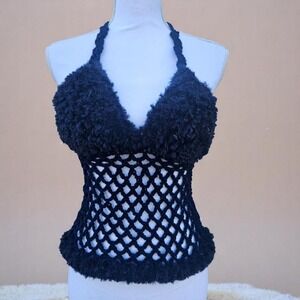 Fluffy Crochet Mesh Halter Top – Handmade Y2K‎ Vibes